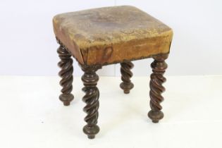 Victorian stool, on substantial mahogany turned supports, with leather top, 50cm high x 46cm wide