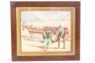 Mahogany framed oil painting, Irish coastal scene with kelp gatherers, horse and cart collecting