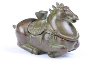 A Chinese copper writing brush / pen washer statue in the form of a horse, removable lid, measures