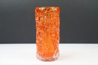 Whitefriars 'textured bark' vase in the tangerine colourway, from Geoffrey Baxter's textured glass