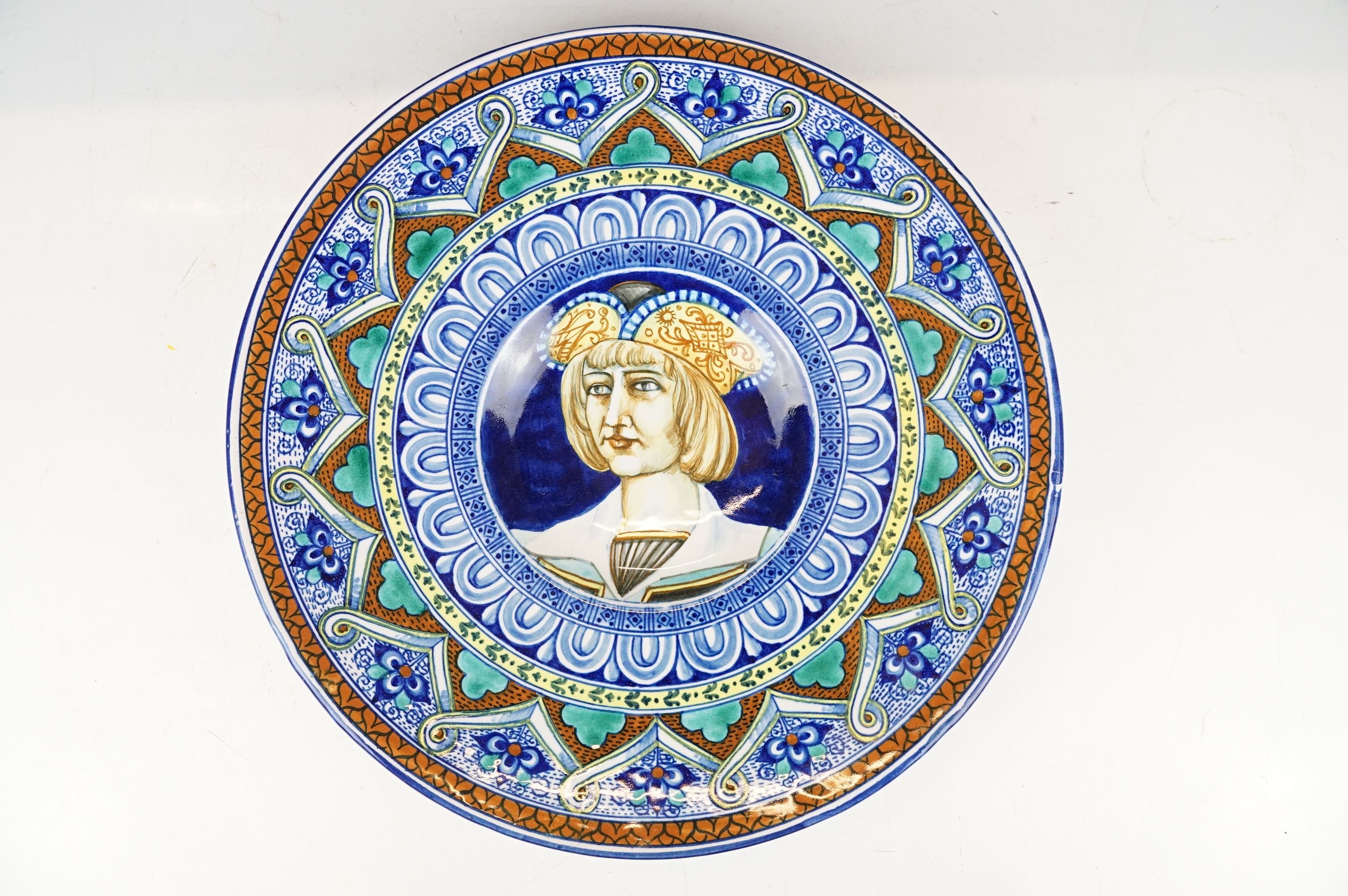 Two Italian faience wall plates, one depicting Roman figures with a volcano beyond, the other with a - Image 9 of 13