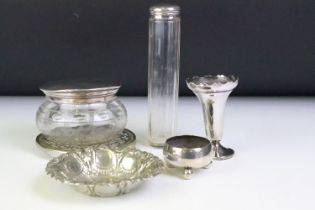 A small group of mixed sterling silver and silver plate to include vanity jar, bud vase, salt