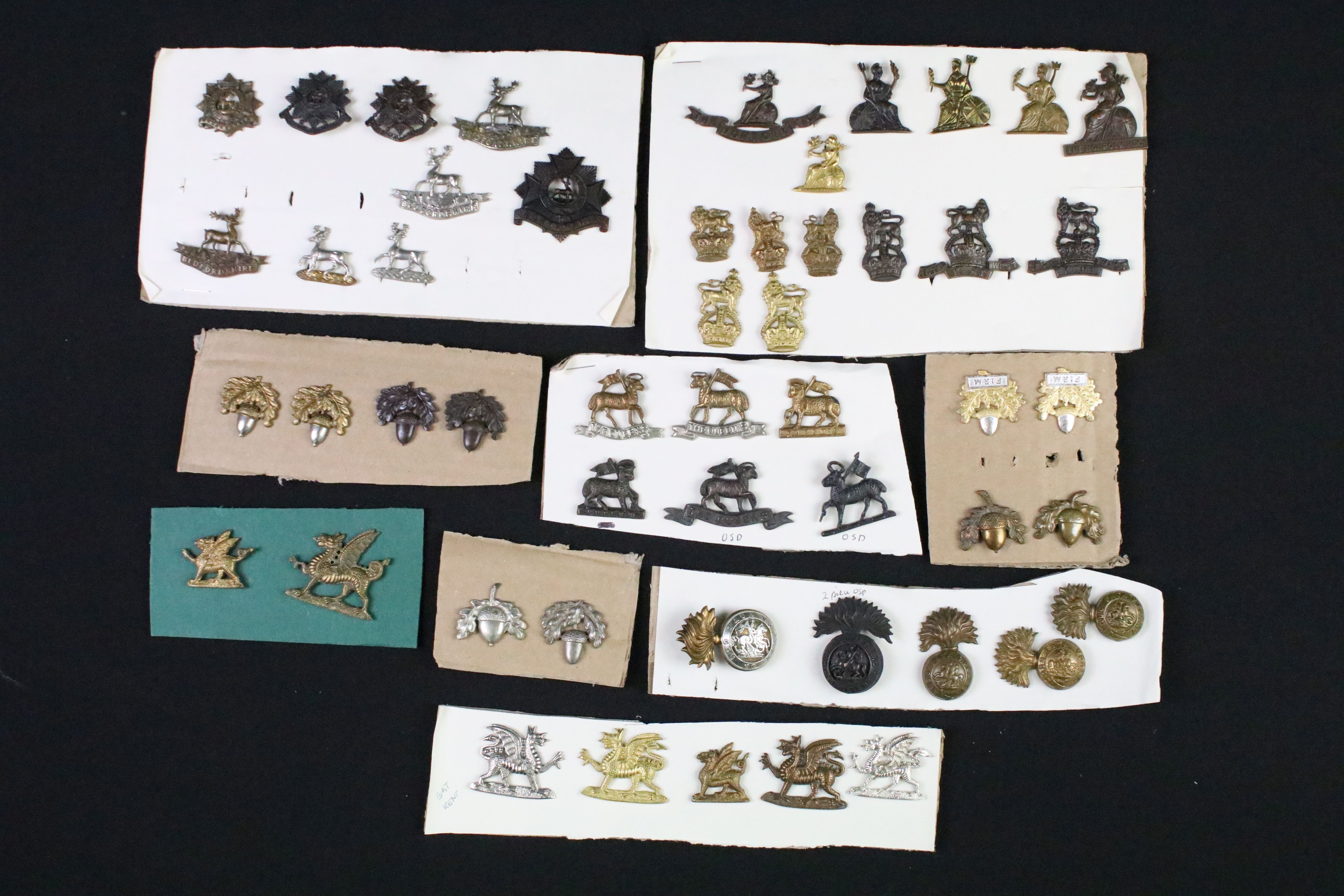 A collection of mainly British military cap and collar badges to include officers examples.