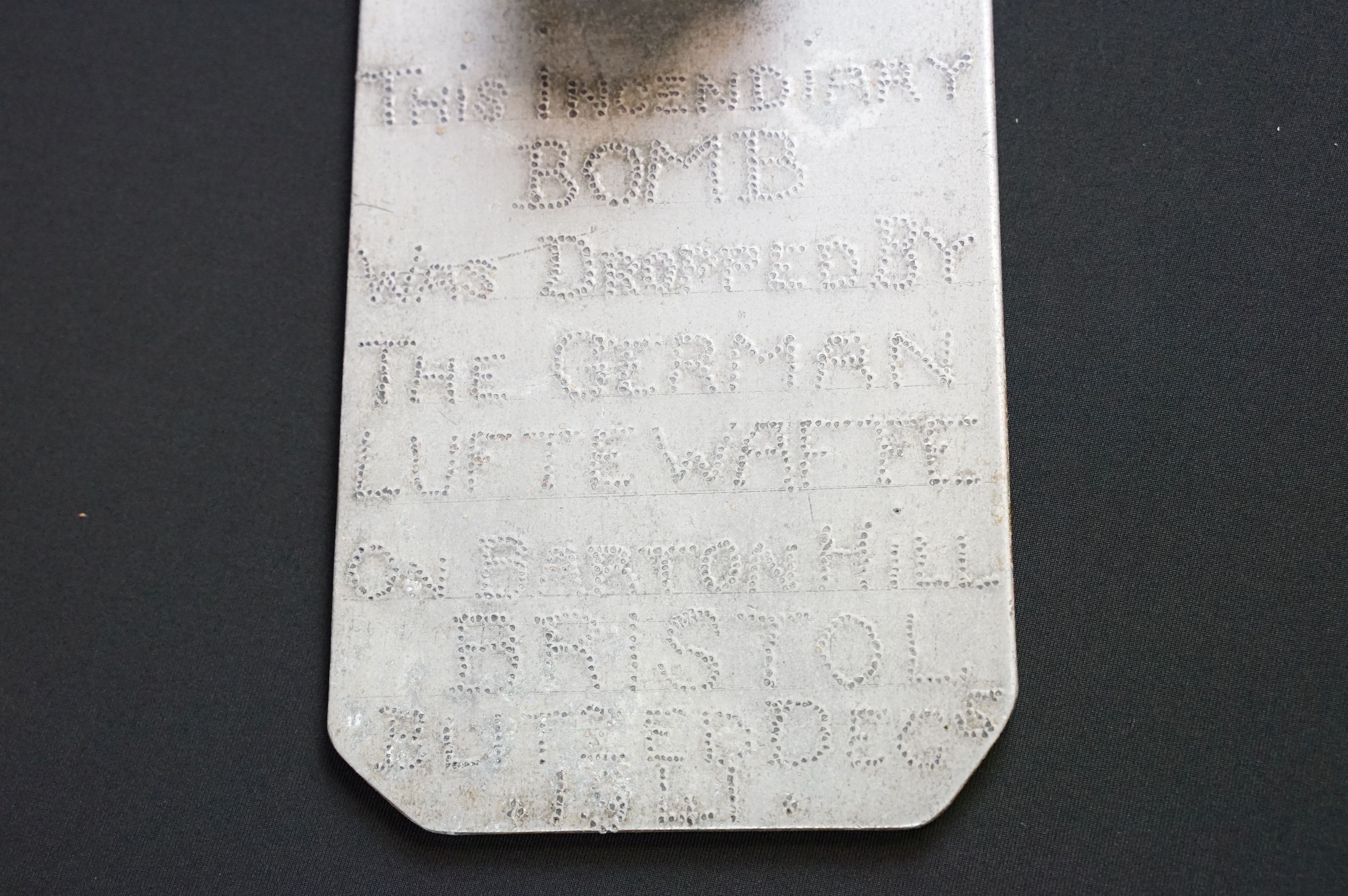 A World War Two German spent Incendiary bomb mounted to hand made aluminium plaque, purportedly - Image 3 of 6