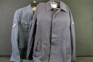 A selection of British Royal Air Force / RAF uniform to include two jackets and an overcoat.