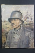 A World War One oil on canvas painting of a German soldier in steel helmet.