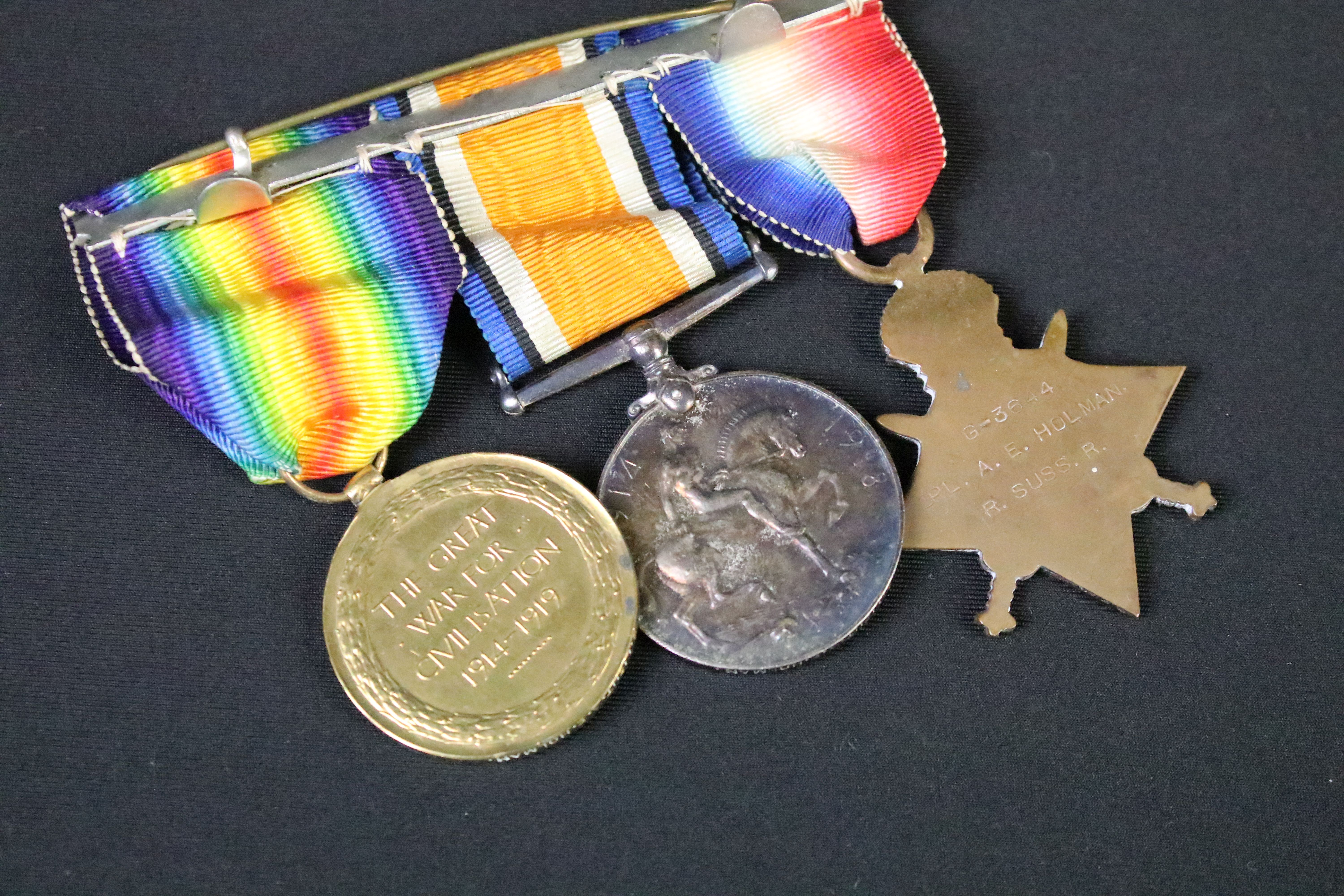 First World War full size British Service medal trio to include 1914-15 star, war medal and - Image 7 of 8