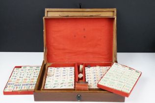 Vintage mahjong set with bone & bamboo pieces, housed within a case and wooden box (with inscription
