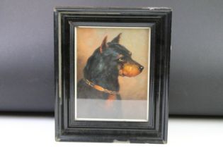 Ebonized framed oil painting of a fighting dog, 20 x 15.5cm, framed and glazed