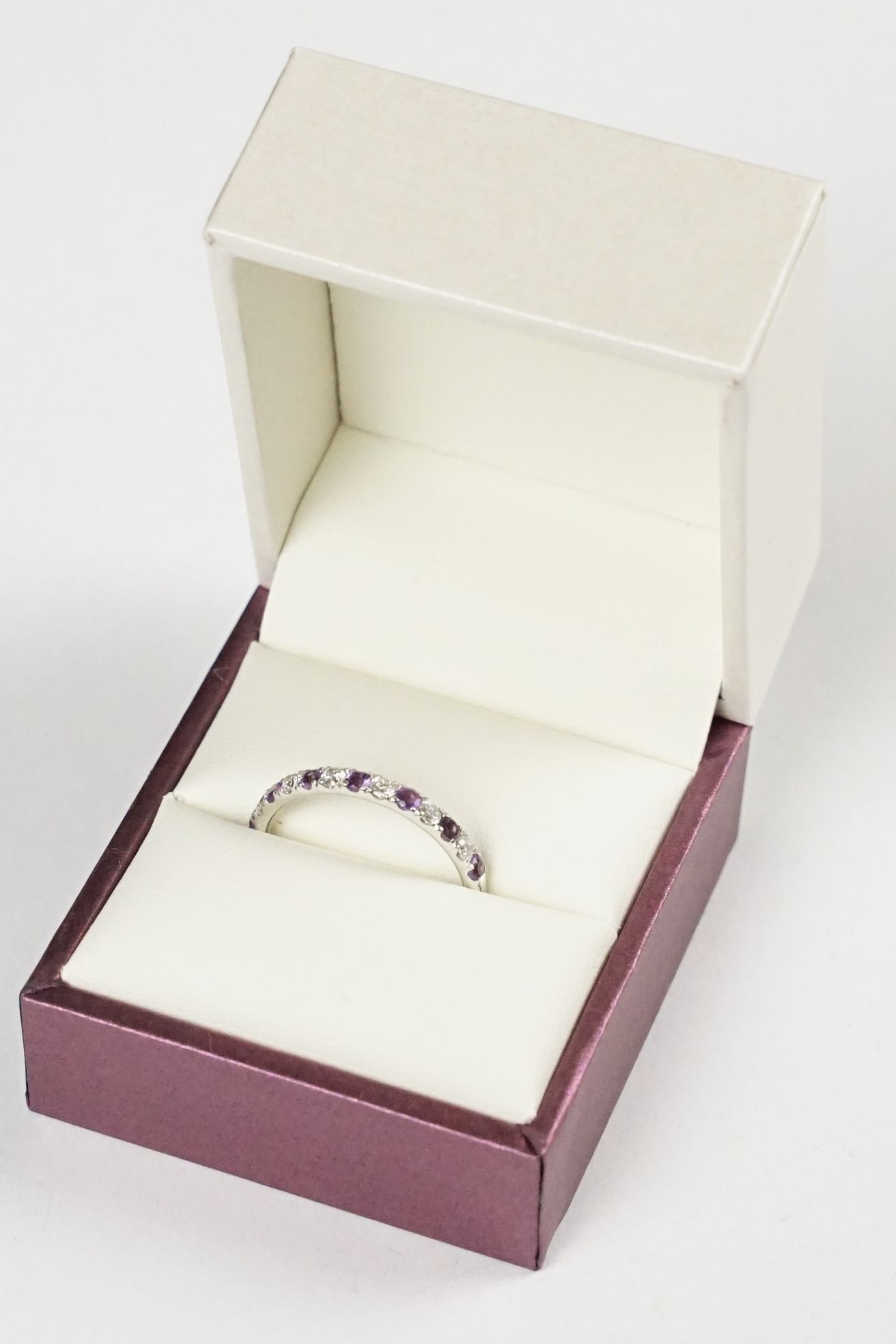 9ct white gold amethyst and diamond half eternity ring