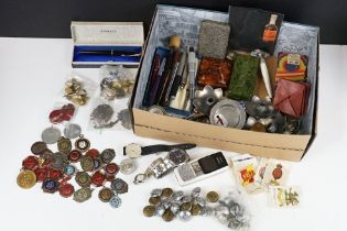 A box of mixed collectables to include watches, medallions, fountain pens, mobile phone,