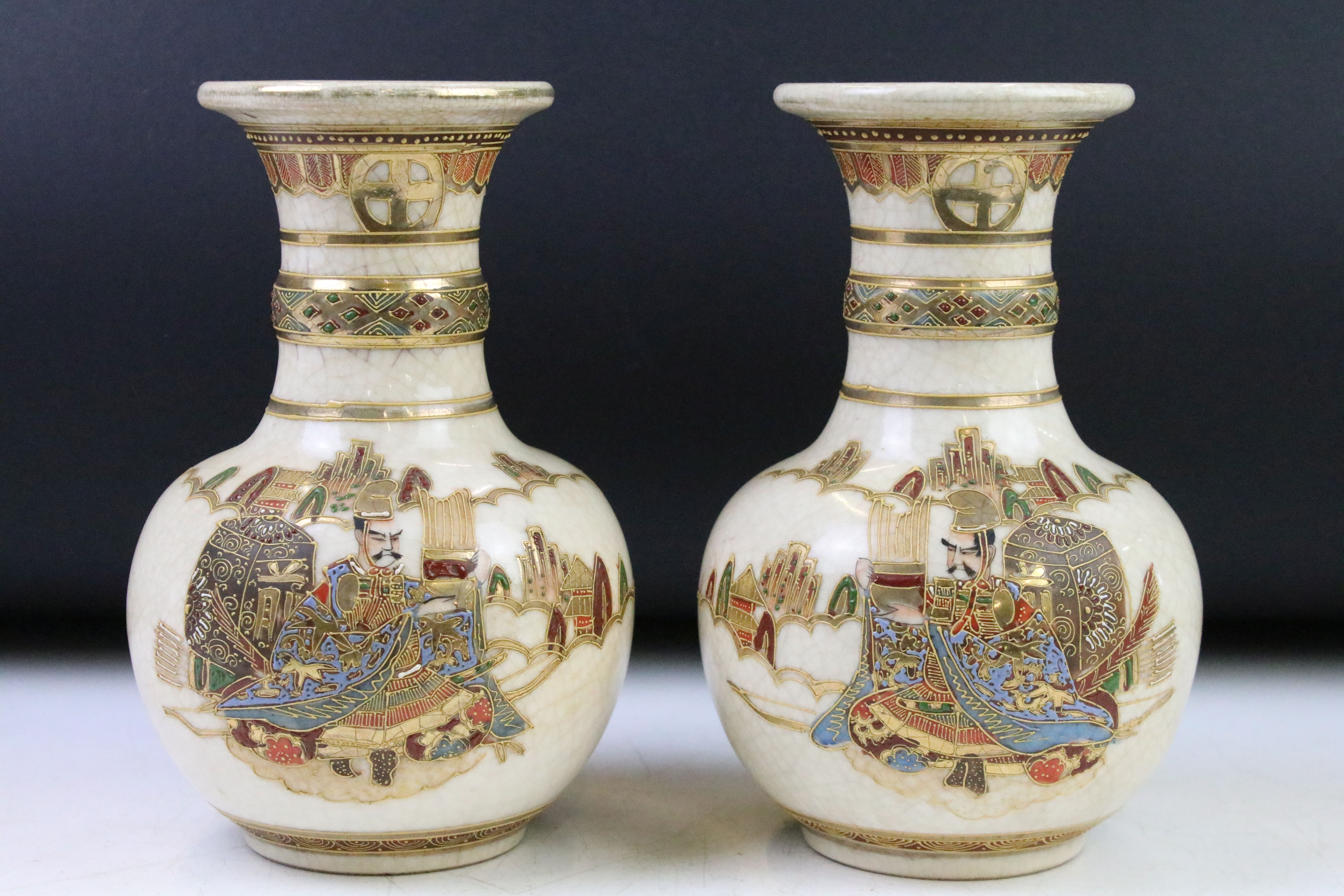 Pair of Early 20th century Japanese Kusube Crackle Glaze Vases, hand painted with seated warriors