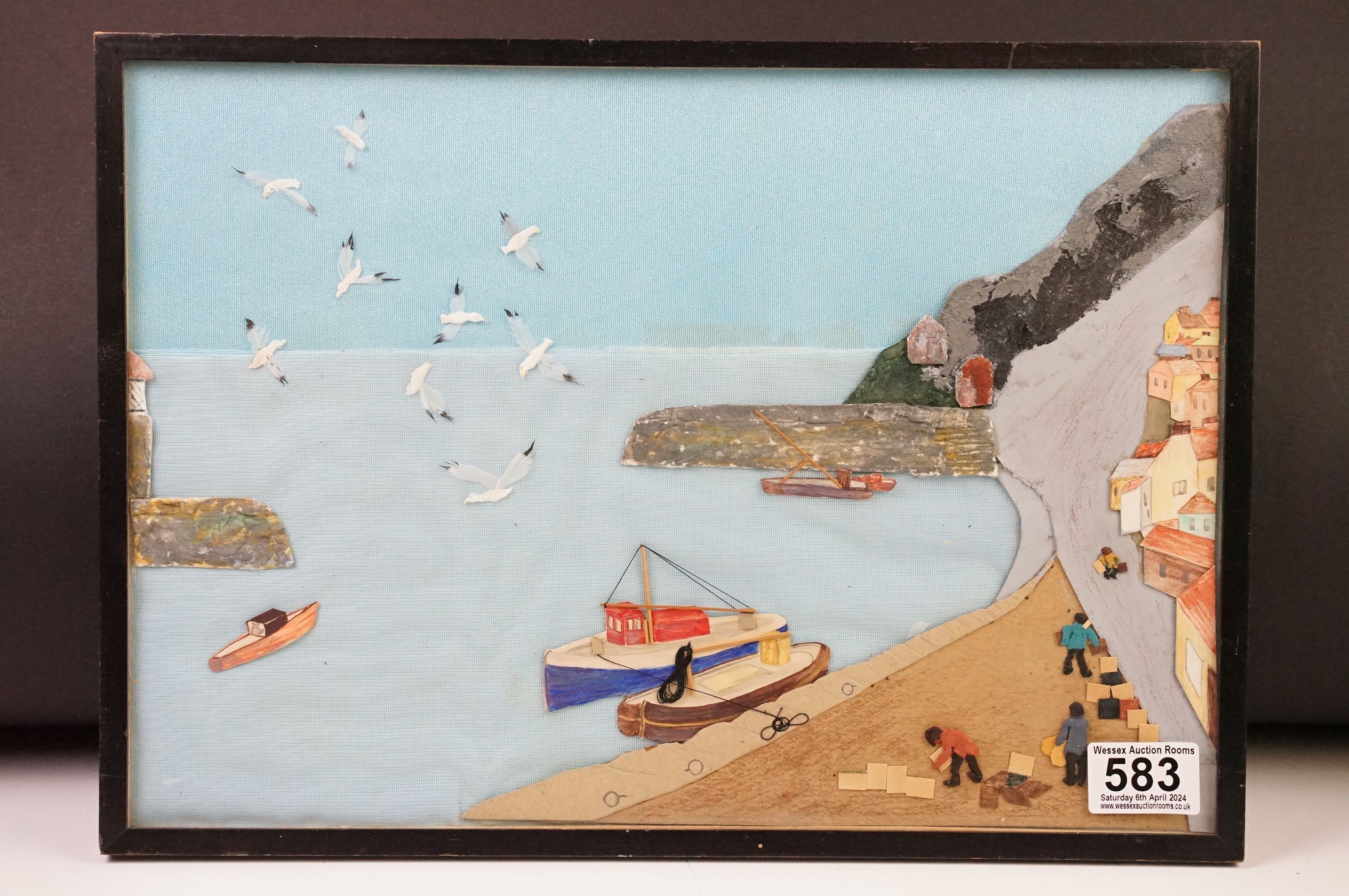 Naive harbour & coastal scene Collage, partial label to verso, framed and glazed, 38cm x 26cm