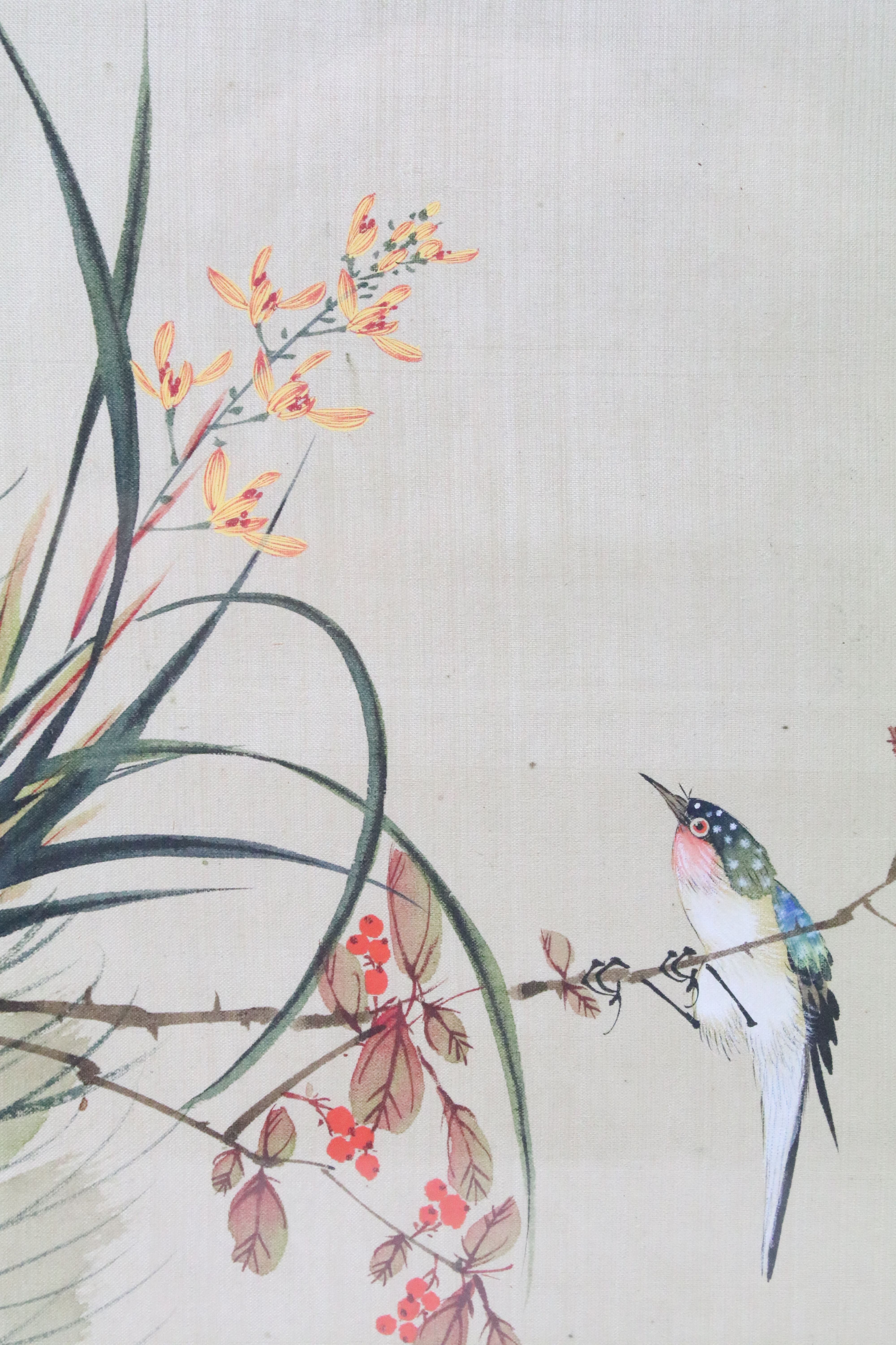 Chinese School, bird on a branch with berries and another similar, a pair, printed and painted on - Image 7 of 8