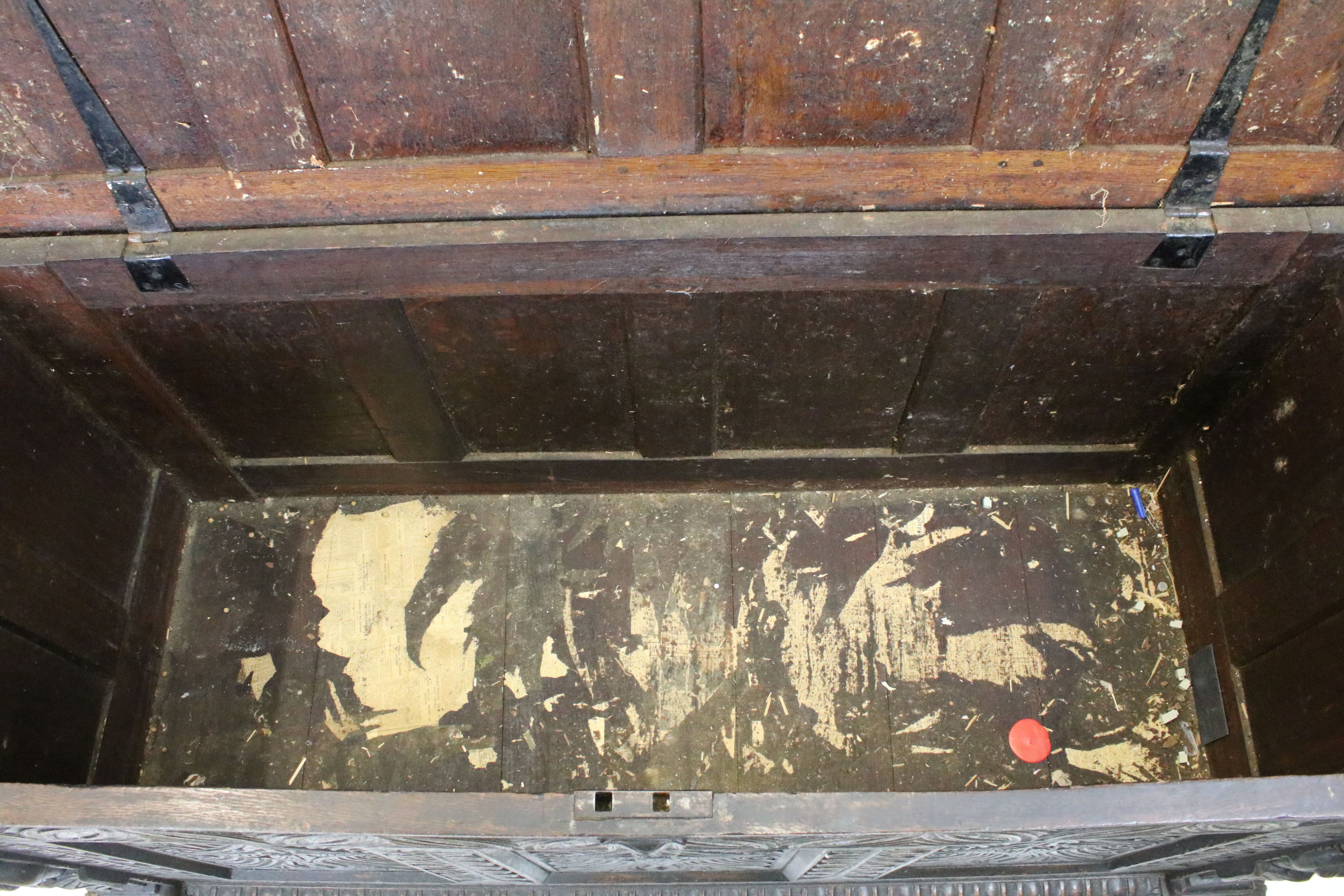 19th century carved oak chest of substantial proportions, the four panelled lid above carved - Image 3 of 7