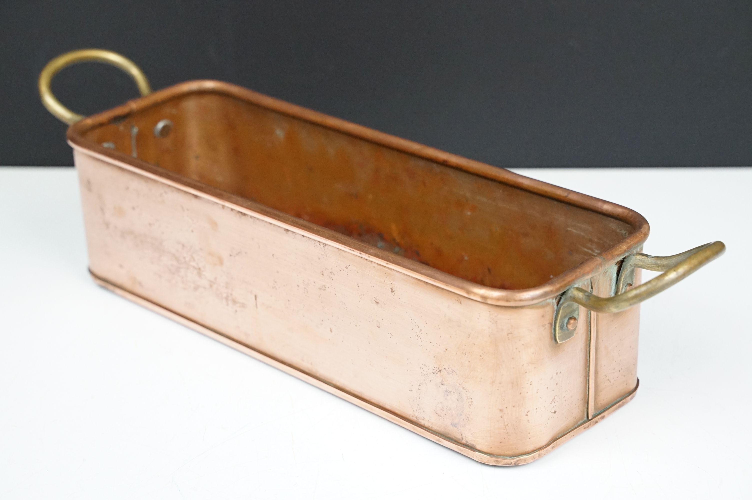 Copper Rectangular Planter with rolled rim and two brass loop handles, 39cm long