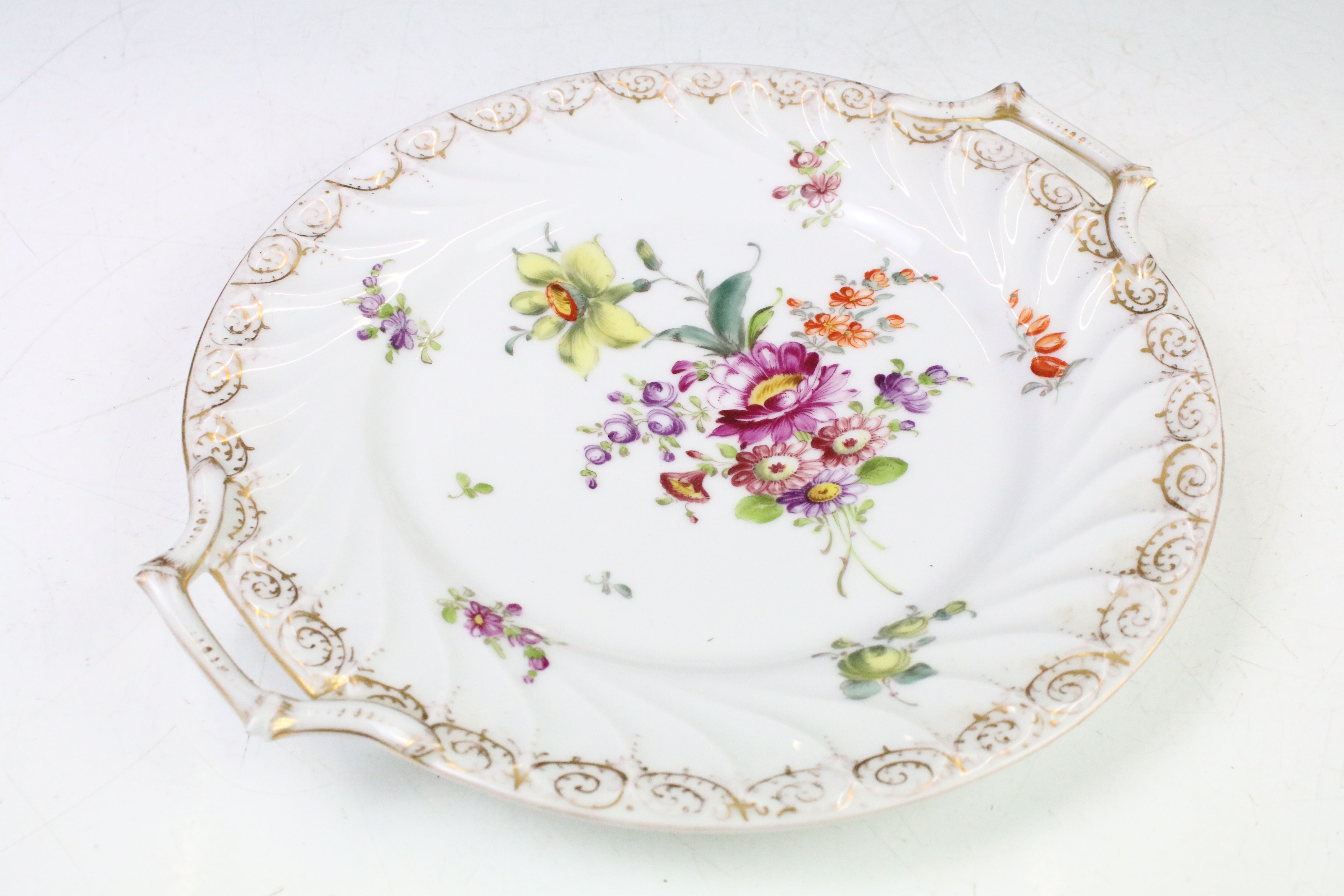 Two Dresden porcelain twin handled plates with hand painted floral decoration and gilt detail to - Image 6 of 8