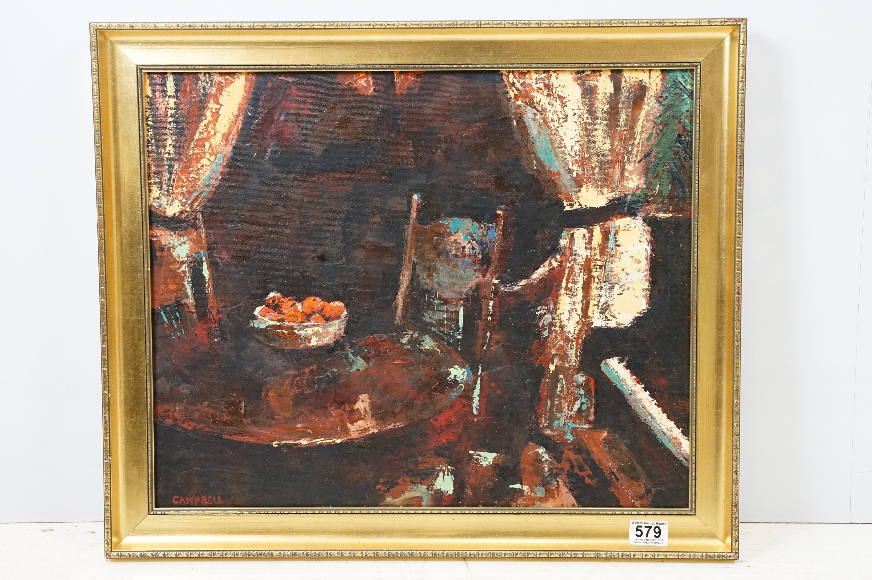 Campbell, 20th century still life interior scene with piano table, chair and bowl of fruit, oil on