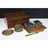 Walnut box containing: an oak desk stand with two pressed glass inkwells, an Art Nouveau letter