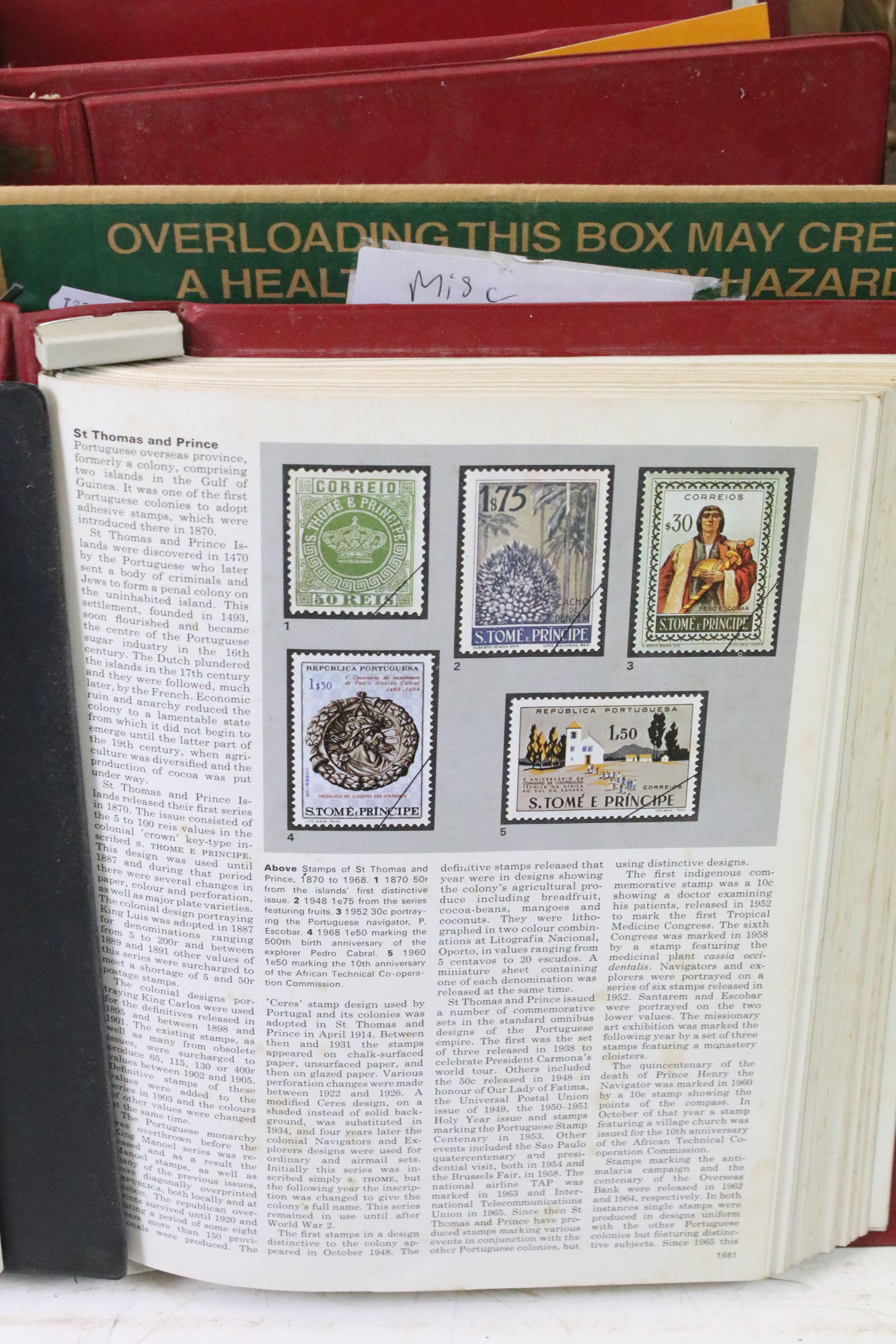 Two boxes of empty stamp albums, together with a selection of international stamp encyclopaedia's in - Image 3 of 5