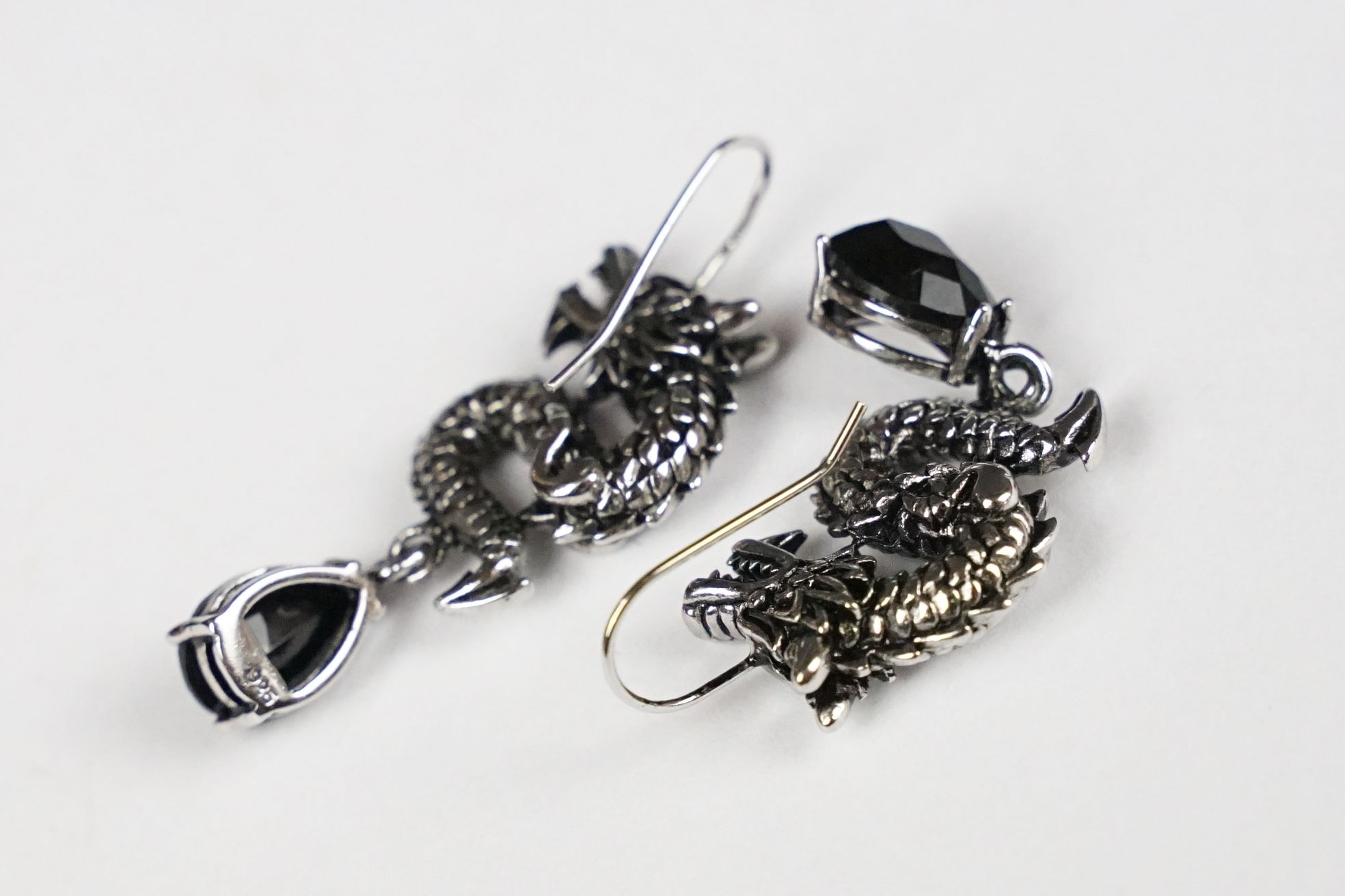A pair of 925 sterling silver earrings in the form of Chinese dragons with faceted stone drops, - Image 4 of 4