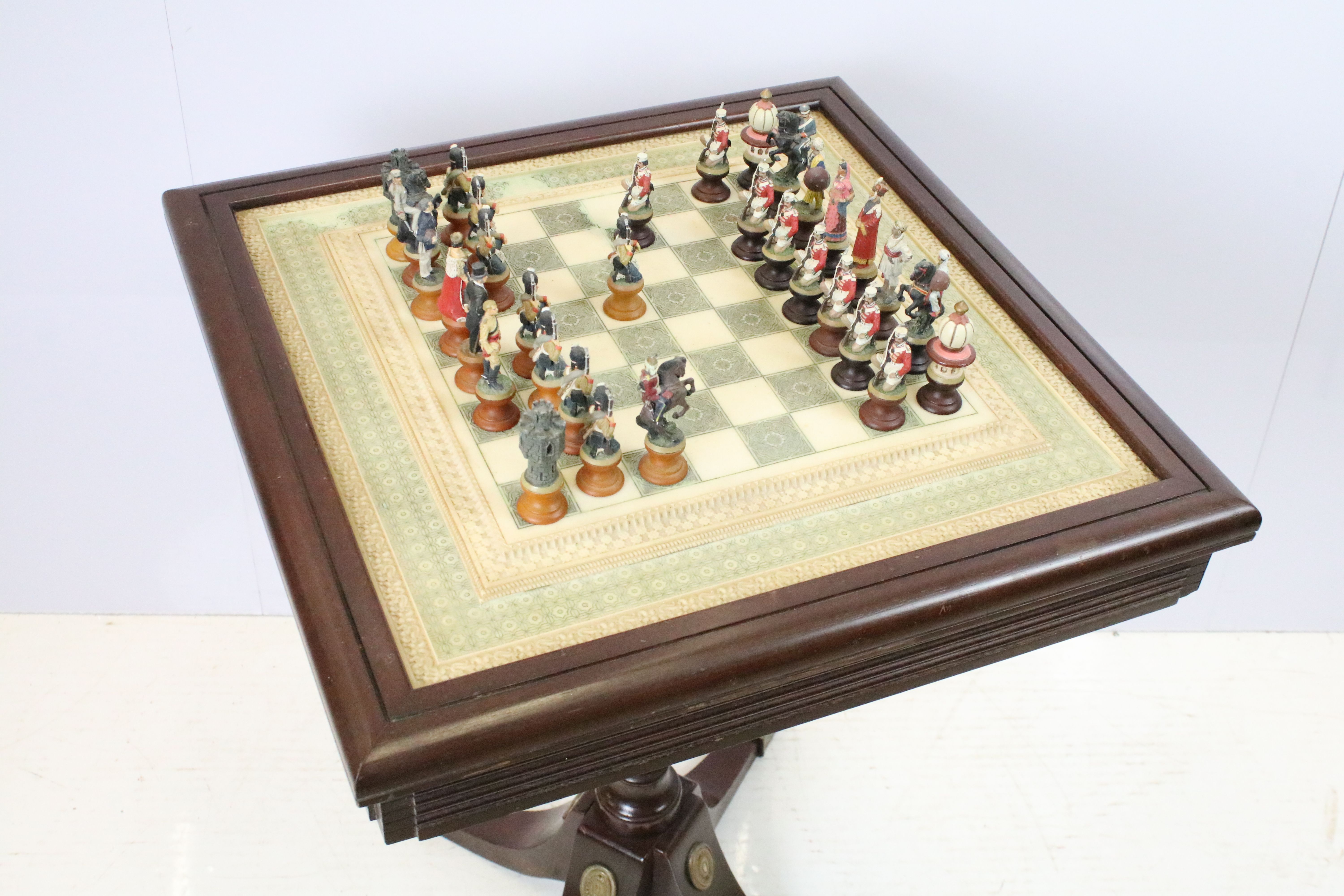 Franklin Mint The Raj Chess Set with marble effect chess board within a mahogany frame raised on a - Image 8 of 12