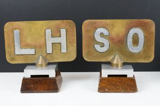 Pair of Masonic table decorations, each with swivelling brass plate, with mounted letters SO to