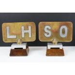 Pair of Masonic table decorations, each with swivelling brass plate, with mounted letters SO to