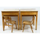 Two mid century school desks and chairs, the desks - 71cm high x 60.5cm wide x 50.5cm deep