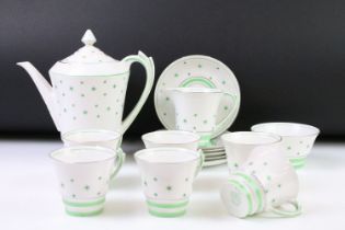 Art Deco Roslyn china coffee set of angular form having a white ground with green star detailing,