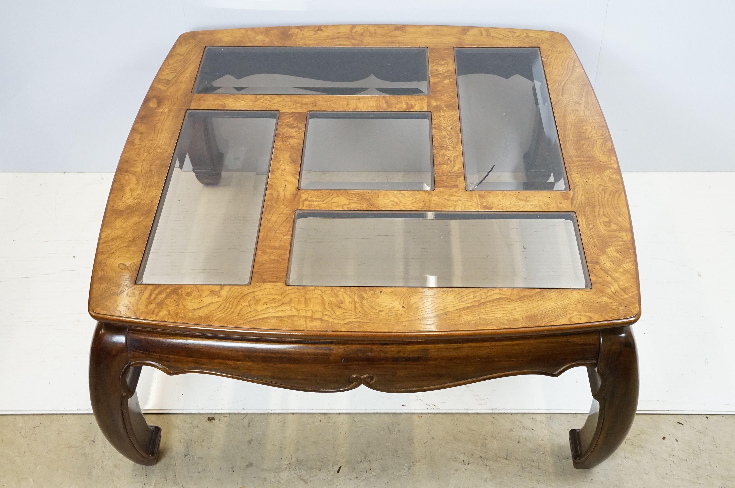 Walnut coffee table, in the Oriental style, with five bevelled glass panels, 44cm high x 96.5cm wide - Image 2 of 11