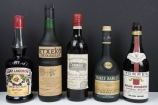Five bottles of alcohol to include Etxeko Patxarana sloe liquer (1l 25% vol), 1986 Grand Vin de