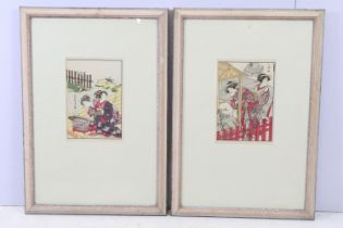 Kitao Shigemasa and Kasukawa Shunsho, pair of Japanese woodblocks of courtesans with songbird and
