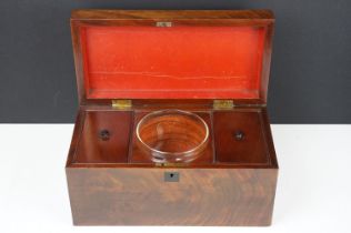 19th century mahogany tea caddy of rectangular form, the lid opening to a twin-compartment lidded