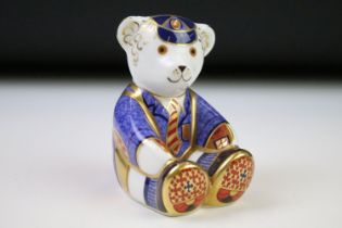 Royal Crown Derby Schoolboy Teddy paperweight with gold stopper, approx 8cm tall