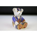 Royal Crown Derby Schoolboy Teddy paperweight with gold stopper, approx 8cm tall