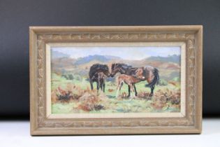 Jacquie Kenny, oil on board of two moorland ponies and a foal, initialled JK, framed, 27cm x 14cm