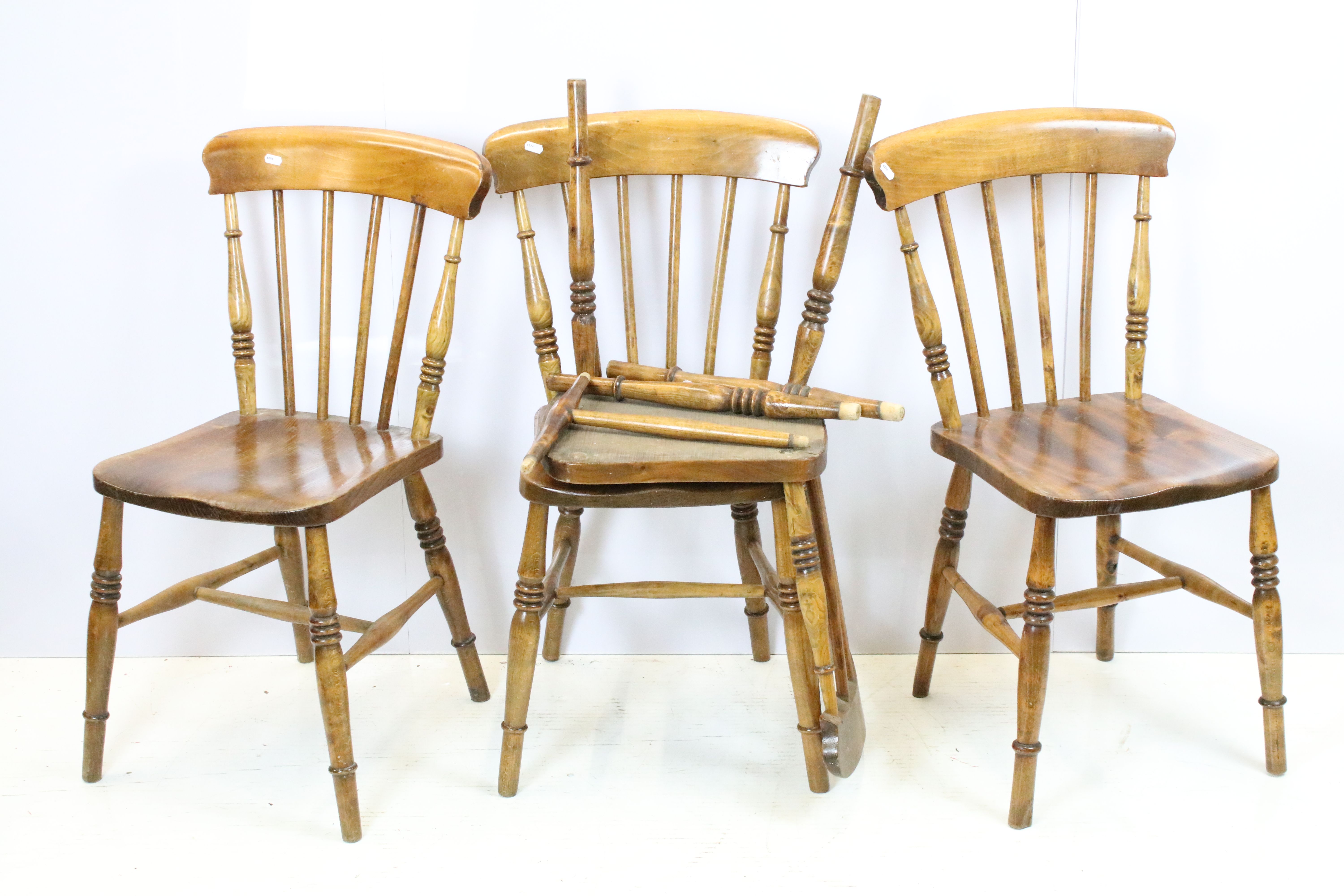 Set of three early 20th century oak kitchen chairs, 84cm x 36.5cm wide x 38cm deep (seat) and