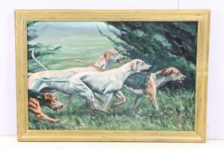 T Crew, study of dogs, oil on board, 39 x 59.5cm, signed lower right and dated 2002, framed