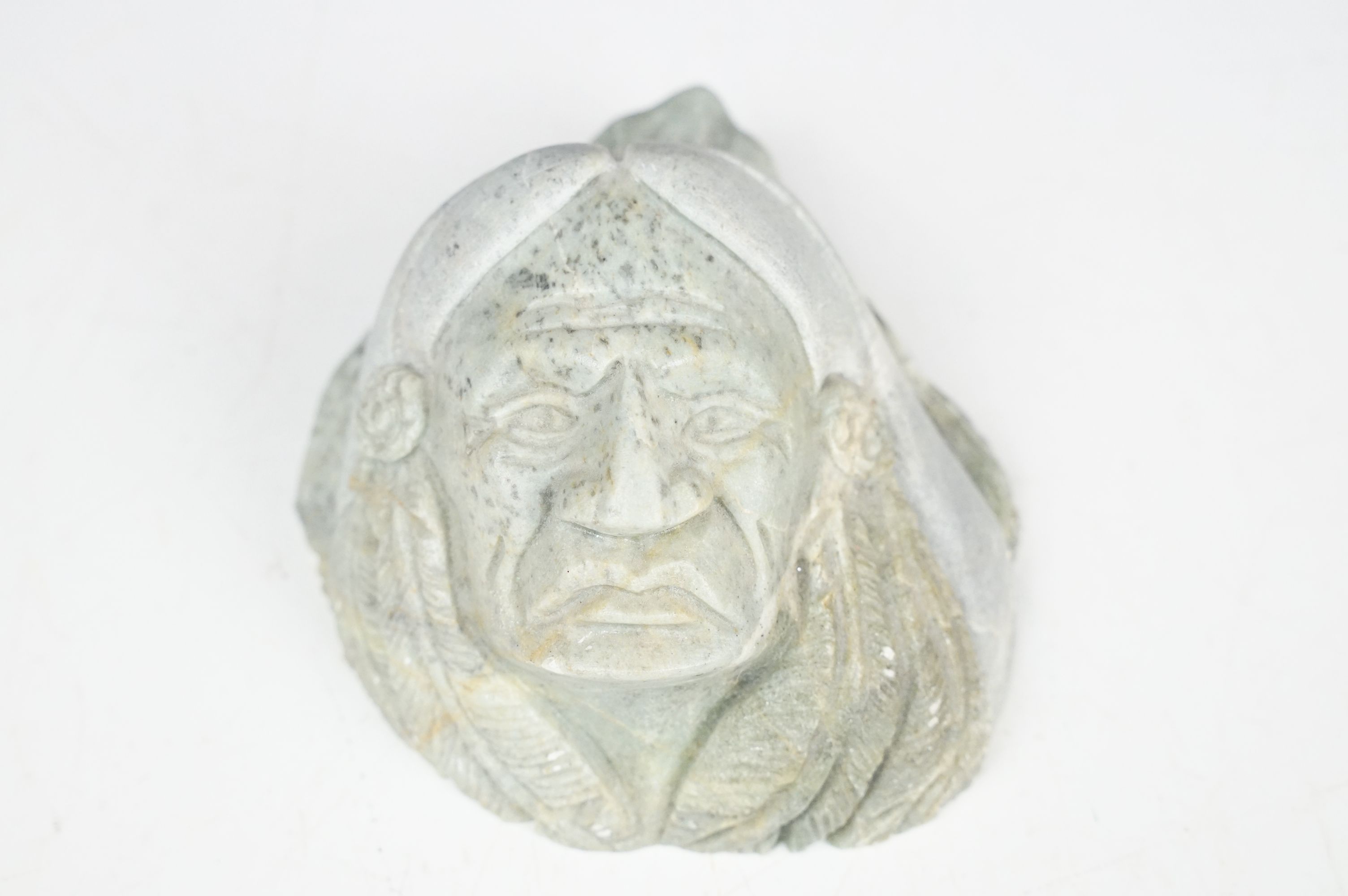 Two Iroquois Native American soapstone carvings to include one figure group depicting two female - Image 7 of 13