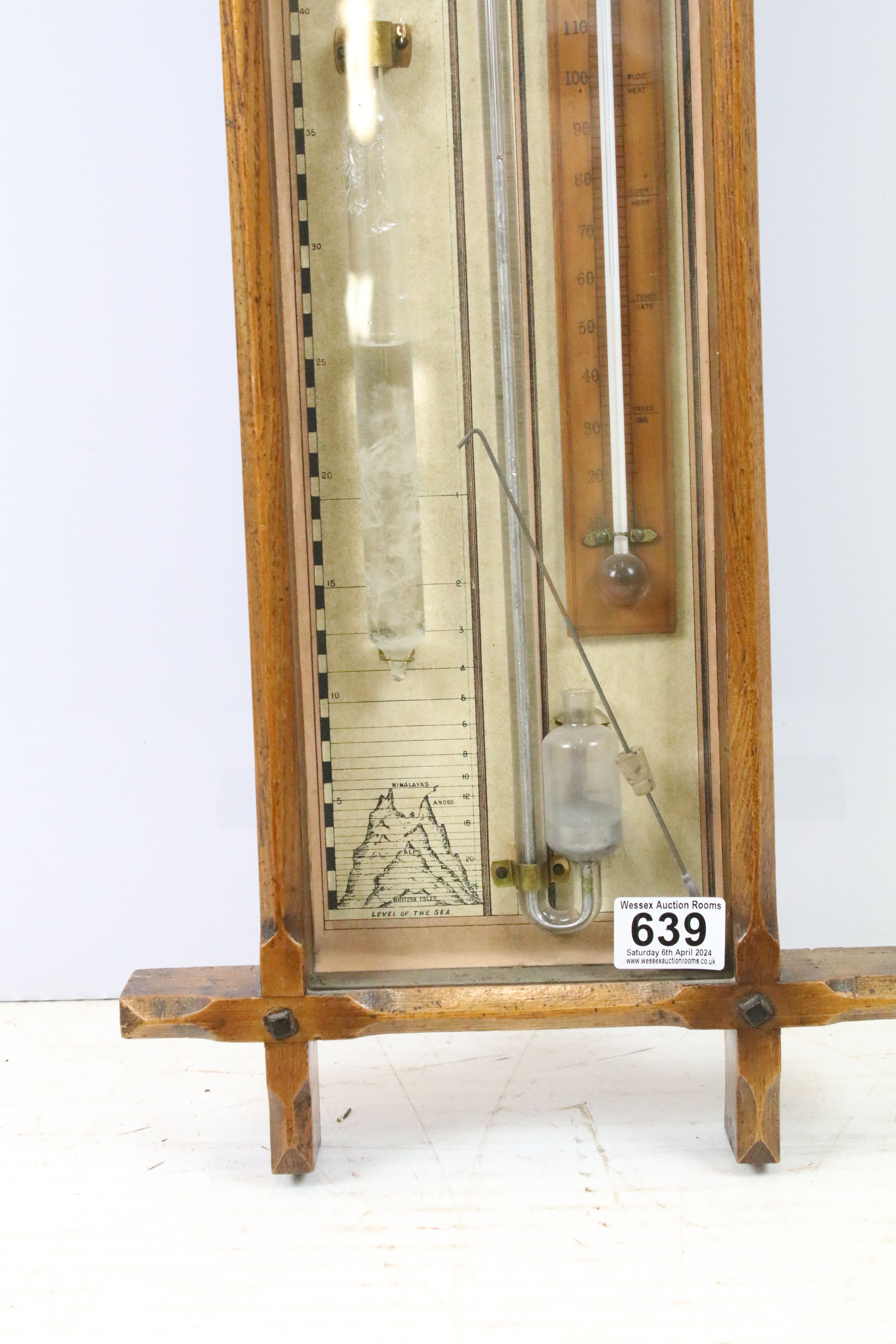 Early 20th century oak cross framed Admiral Fitzroys barometer, with paper dial, the sides with twin - Bild 4 aus 4