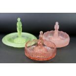 Two Sowerby rose / flower bowls with lady flower frog, one being frosted pink glass, the other clear