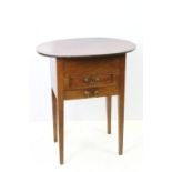 Victorian mahogany sewing box table, the oval lift up lid revealing storage inside, with one faux