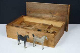 Early 20th century wooden horse stable construction set featuring two hand carved painted wooden