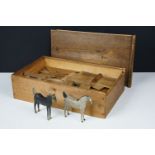 Early 20th century wooden horse stable construction set featuring two hand carved painted wooden