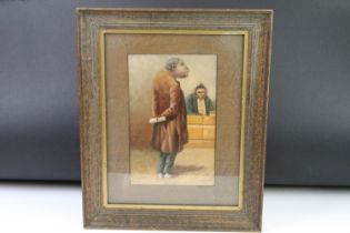 Caricature oil painting of an ape dressed as a learned gentleman, 24cm x 15.5cm, framed and glazed