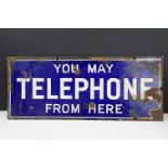 Early 20th Century enamel sign having a blue ground with white lettering reading ' You May Telephone