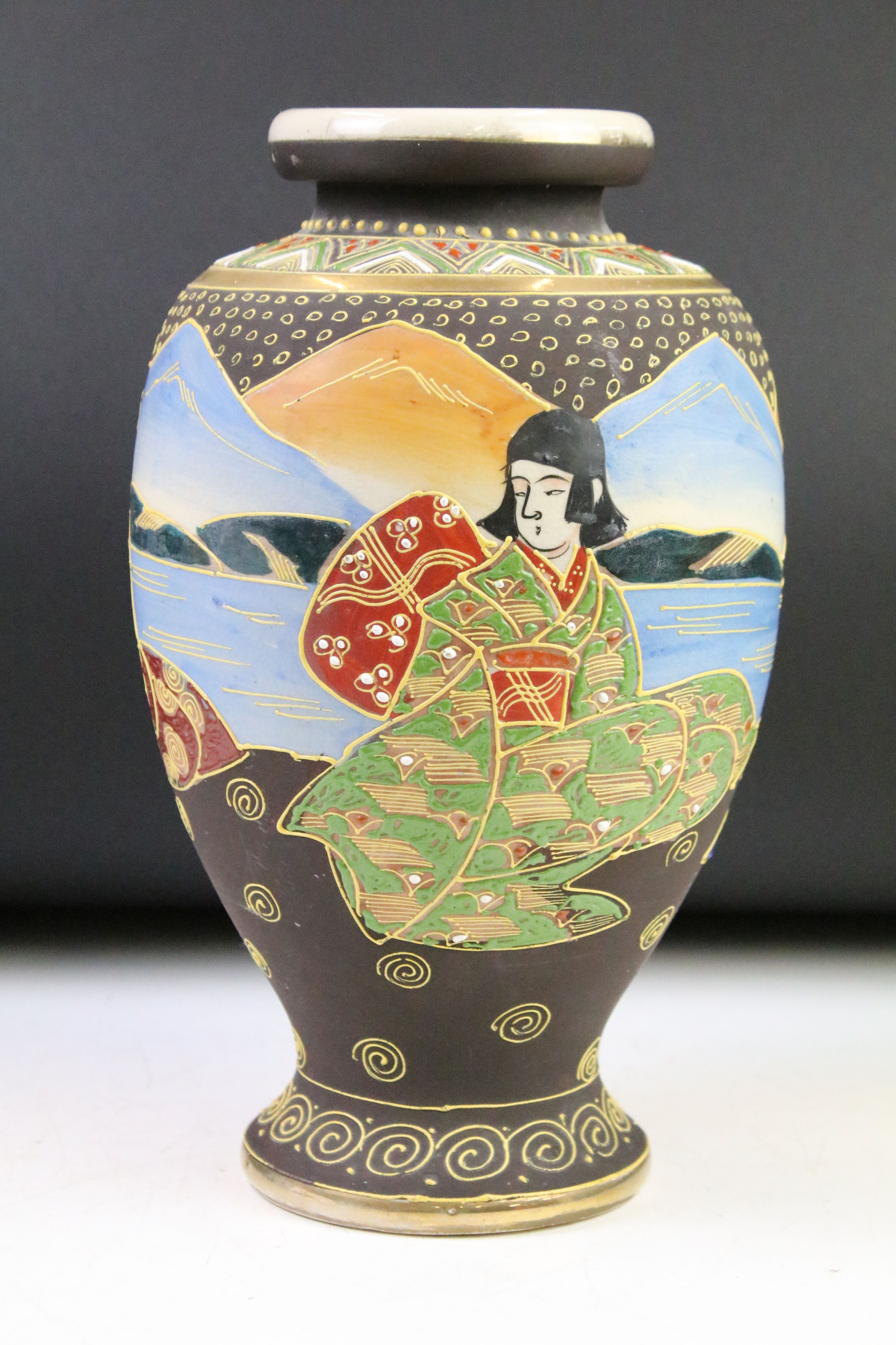 Pair of Japanese vases, of baluster form, with enamel painted decoration depicting females, approx - Image 2 of 4