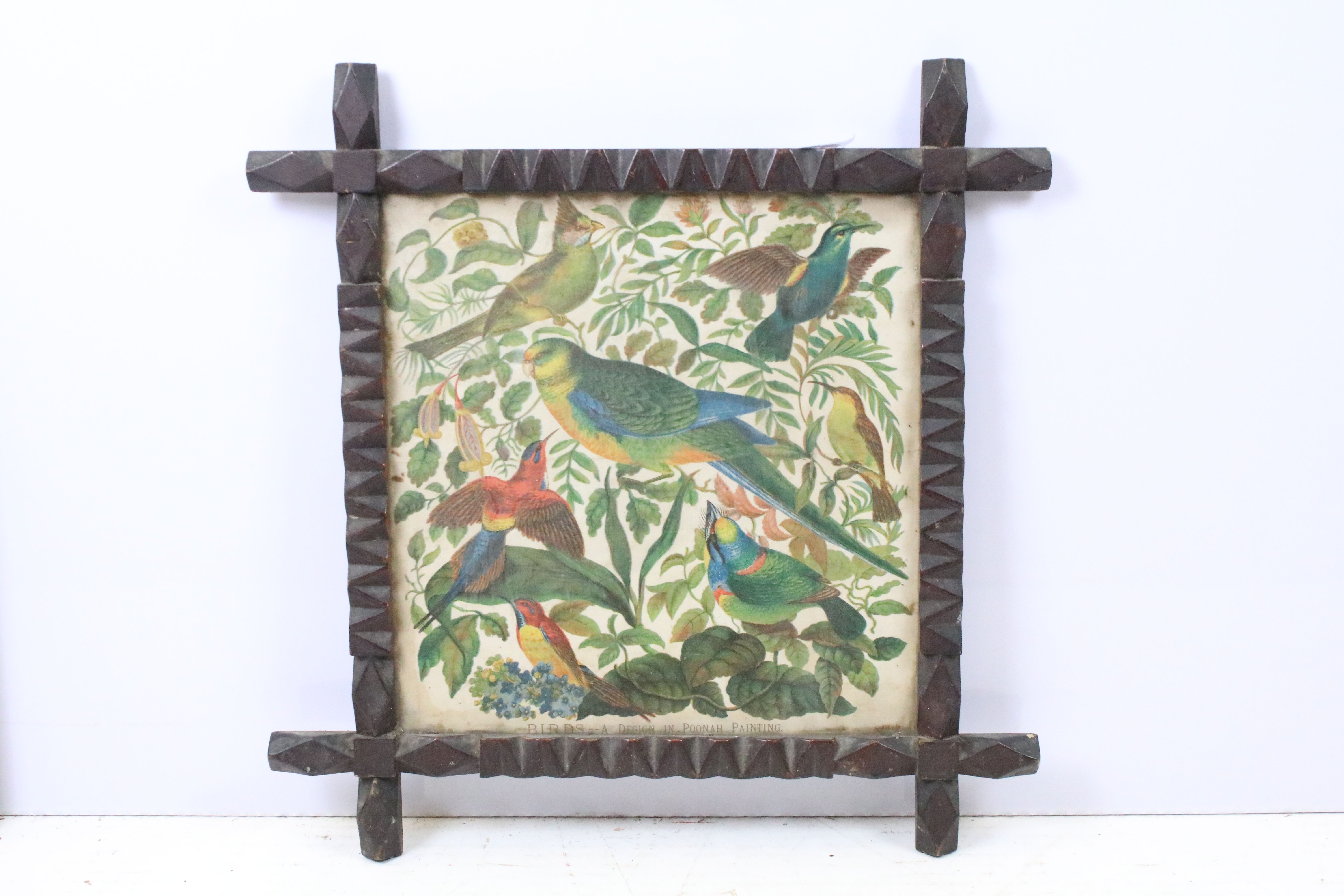 19th century oxford framed poonah painting print design of birds, 33.5 x 32.5cm together with a - Image 2 of 6