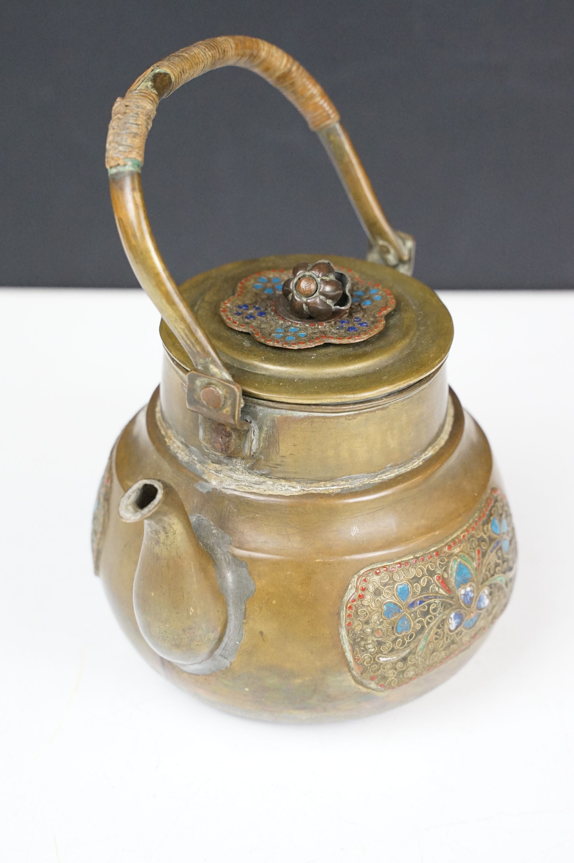 Chinese Bronze and Enamel Teapot, approx 18cm high - Image 2 of 8